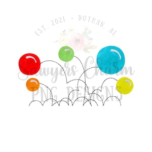 以下が含まれることがあります： 黒い輪郭のある5つのカラフルな跳ねるボールを特徴とするデジタル刺繍デザイン。ボールは赤、オレンジ、緑、青、黄色です。デザインには、草の黒い輪郭と「EST. 2021 - DOTHAN, AL」というテキストが含まれています。