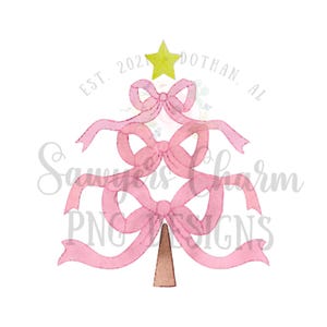 PNG aquarela arquivo para impressão/Sublimação/Design de transferência de calor/Clipart digital, laços de coquete rosa árvore de Natal com estrela, fitas de menina