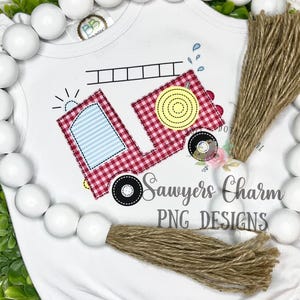 PNG faux bean stitch applique Printable file, Sublimation, Heat Transfer Design Digital Clipart, Firetruck red gingham, city transportation