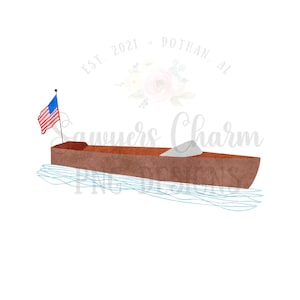 May include: A watercolor illustration of a brown wooden boat with a white cabin, floating on blue water. An American flag is attached to the front of the boat. The text "EST. 2021 - DOTHAN, AL" is written in a circle above the boat.