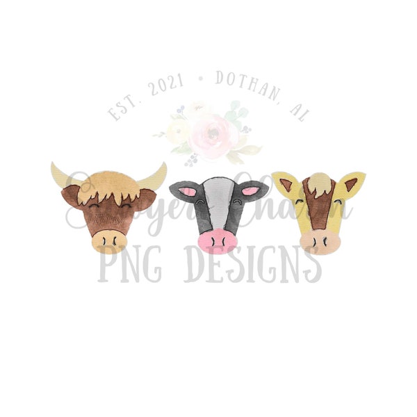 BUNDLE PNG watercolor Printable file/Sublimation/Heat Transfer Design/Digital Clipart Cows, bull trio, with/without bows, farm animals, calf