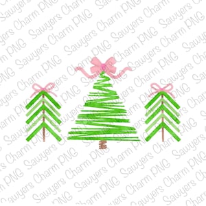 Fichier PNG imprimable aquarelle/sublimation/transfert thermique Design/Clipart numérique, trio de sapins de Noël à gribouiller avec étoiles & noeuds
