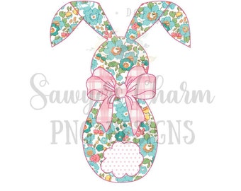 PNG faux applique/embroidery printable file Sublimation Heat Transfer Design Digital Clipart, Floral Easter bunny with gingham bow, spring