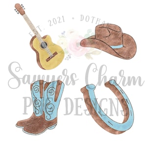 Fichier PNG aquarelle imprimable/sublimation/transfert thermique Design/Digital Clipart Blue guitare, bottes, chapeau de cowboy, fer à cheval, Nashville