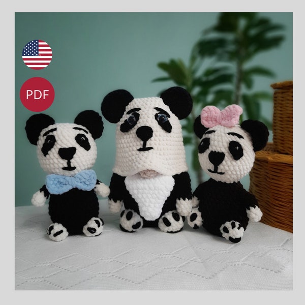 Set gehaakte beer panda patroon, gehaakte pluche amigurumi kabouter panda, gehaakte speelgoed panda amigurumi patroon, haakpatroon pdf.