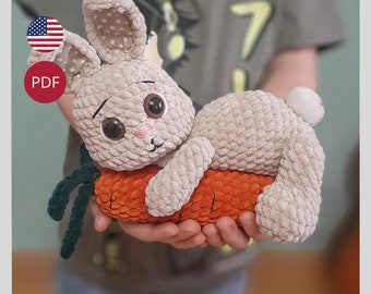 Crochet pattern of Easter bunny with carrots. Amigurumi bunny crochet pattern Easter decoration crochet plush bunny.