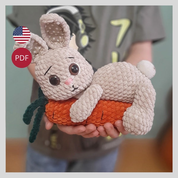 Crochet pattern of Easter bunny with carrots. Amigurumi bunny crochet pattern Easter decoration crochet plush bunny.