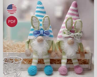 Crochet pattern of an Easter gnome in a beautiful hare hat. Amigurumi Easter gnome crochet pattern.