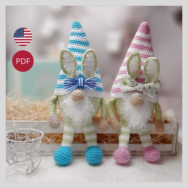 Crochet pattern of an Easter gnome in a beautiful hare hat. Amigurumi Easter gnome crochet pattern.