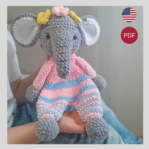 Crochet Snuggler elephant Pattern, Amigurumi  elephant crochet plushies pattern tutorial, Amigurumi lovey baby crochet toy pattern.