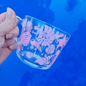 Seashells glass cup, glass coffee mug, Ocean theme cup,