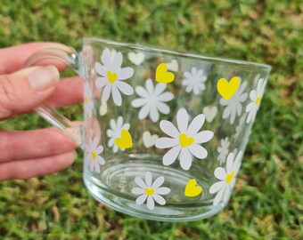Daisy Glass Mug, Floral Coffee Cup, Aesthetic Clear Mug, Cute Flower Mug, Gift for Her