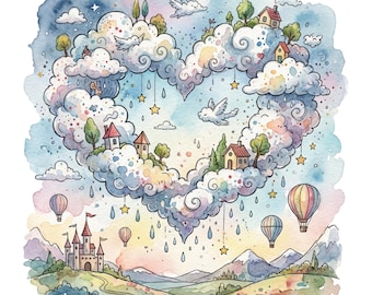 Watercolor Heart Art Print | Cottagecore Cloud Castle Illustration (Digital Download)