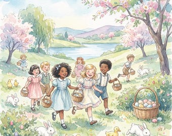 Watercolor Easter Bunny Print | Cottagecore Spring Landscape (Digital Download)