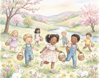 Set of 10 Watercolor Easter Bunny Print | Cottagecore Spring Landscape (Digital Download)