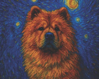 Chow Chow Watercolor Art Print | Starry Night Dog Portrait (Digital Download)