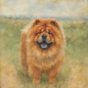 May include: A painting of a Chow Chow dog with a fluffy, reddish-brown coat. The dog is smiling with its tongue out, set against a blurred background of green grass and a light blue sky.