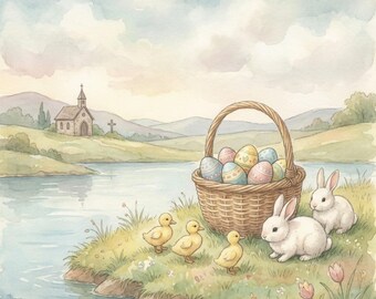 Watercolor Easter Bunny Print | Cottagecore Spring Landscape (Digital Download)