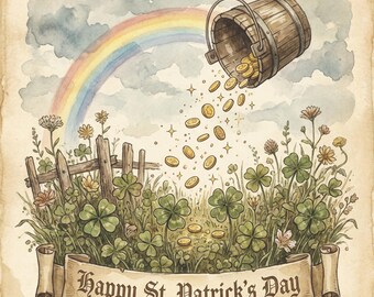 individual prints available | St. Patrick's Day Watercolor Print | Vintage Leprechaun, Shamrock Decor (Digital Download)