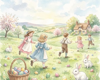 Watercolor Easter Bunny Print | Cottagecore Spring Landscape (Digital Download)