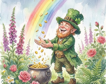 St. Patrick's Day Watercolor Art Print | Leprechaun, Rainbow, Shamrock Decor (Digital Download)