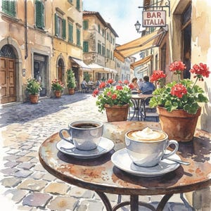 May include: Watercolor painting of a European street scene with a cafe. Two cups of coffee sit on a round, rusty metal table. Red flowers in terracotta pots line the street. A sign reads "Bar Italia".