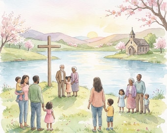 Watercolor Spring Family Gathering Print | Church Landscape, Cross Scene (Digital Download)