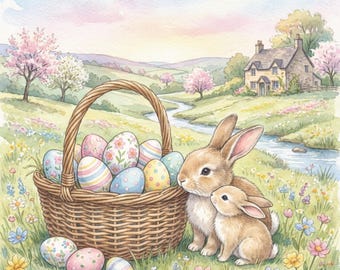 Watercolor Easter Bunny Print | Cottagecore Spring Landscape (Digital Download)