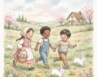 Watercolor Easter Bunny Print | Cottagecore Spring Landscape (Digital Download)