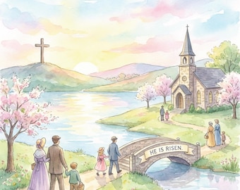 Watercolor Easter Landscape Print | Spring Cottagecore Scenery (Digital Download)