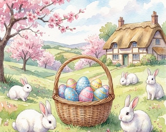 Watercolor Easter Bunny Print | Cottagecore Spring Landscape (Digital Download)