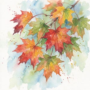 May include: Watercolor painting of autumn leaves in shades of red, orange, yellow, and green. The leaves are attached to thin brown branches against a soft blue and white background. The artwork has a delicate, artistic style.