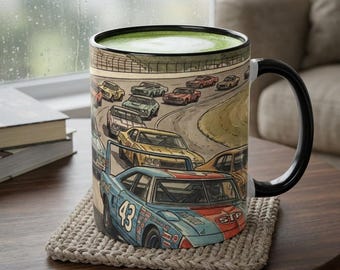 Vintage Stock Car Racing Coffee Mug | Retro NASCAR Track Illustration