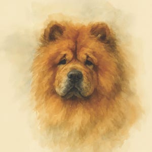 May include: Watercolor painting of a Chow Chow dog's head. The dog has thick, fluffy, reddish-brown fur and a wrinkled face. The background is a soft, light beige color, creating a gentle and artistic feel. The dog's expression is calm and slightly melancholic.