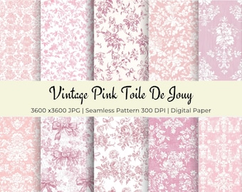Vintage Pink Toile De Jouy Seamless Pattern Cottagecore Shabby Chic Chinoiserie Floral Aesthetic Digital Paper for Junk Journals And Fabric