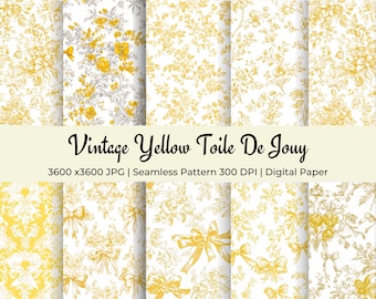 Vintage Yellow Toile De Jouy Seamless Pattern Floral Chinoiserie Repeated Design for Digital Paper Junk Journal Scrapbook and Fabric Design