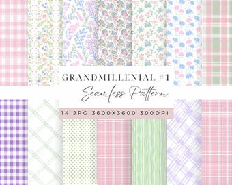 Grandmillennial Seamless Pattern Collection Floral Plaid Pastel Wallpaper Coquette Vintage Cottagecore Pattern Handdrawn Digital Paper