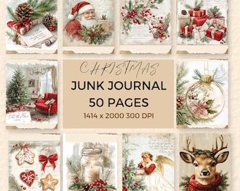 May include: A digital Christmas junk journal with 50 pages, featuring vintage-style illustrations. The images include Santa Claus, Christmas trees, gifts, ornaments, and festive decorations. The journal's title is displayed in elegant script.