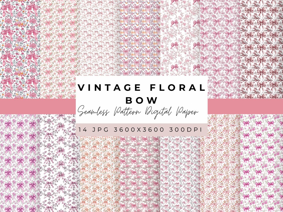 Vintage Floral Bow Seamless Pattern Bundle Digital Paper Set Pastel ...