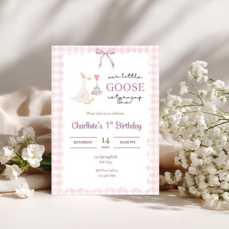 Silly Goose First Birthday Invitation, Pink Gingham Girl Party Template ...