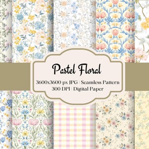 Puede incluir: Un conjunto de 10 patrones de papel digital con diseños florales pastel. Los patrones incluyen una variedad de flores, hojas y cuadros vichy en colores suaves como rosa, azul y amarillo. Los patrones son sin costuras y se pueden utilizar para una variedad de proyectos de manualidades.