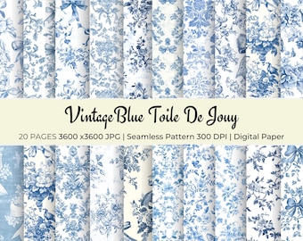 Blue Toile De Jouy Vintage Digital Paper Seamless Pattern with Trendy Floral Coquette Bow for Wallpaper Scrapbooking Chinoiserie Flowers