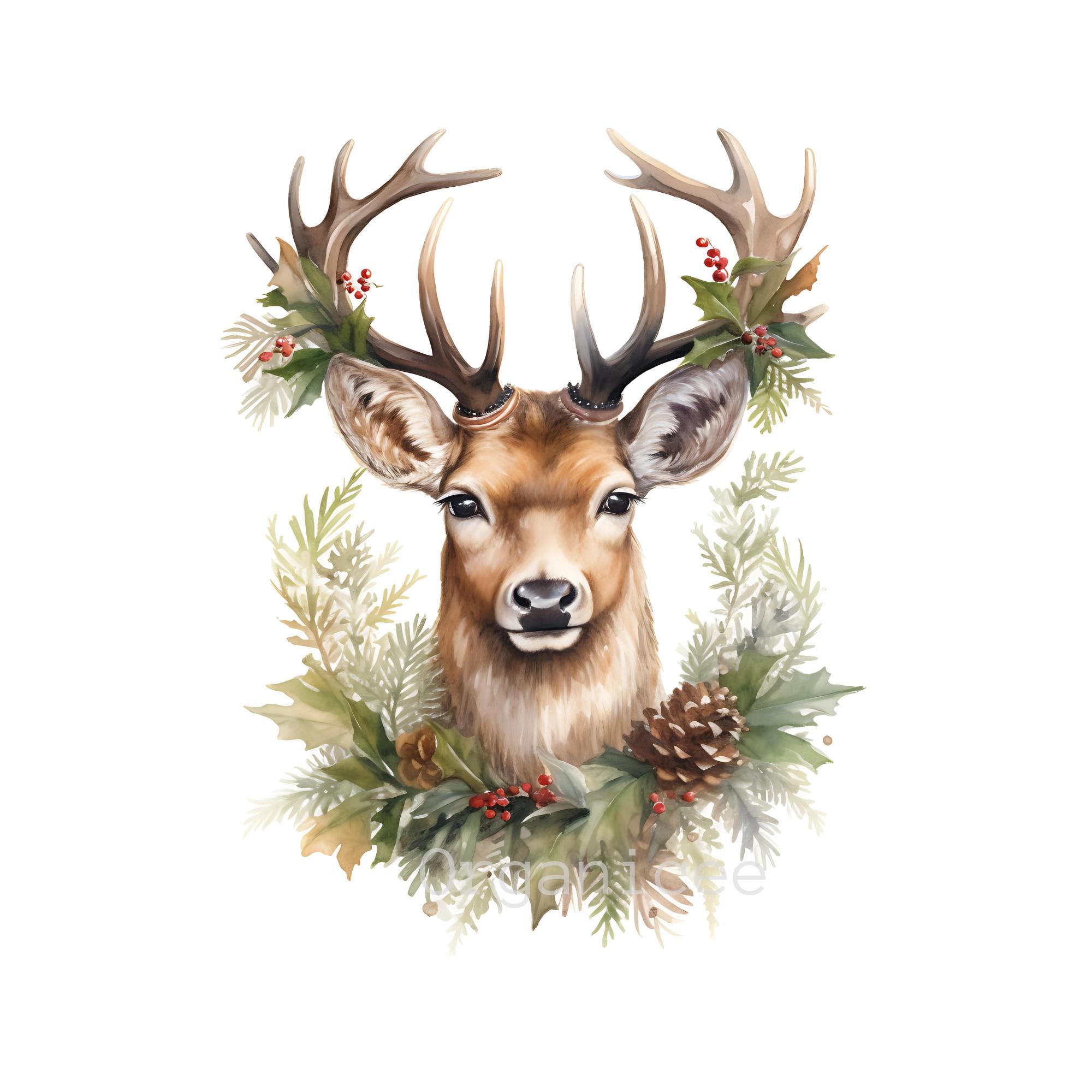 Christmas Deer Watercolor Clipart Set With Santa Reindeer Holiday ...
