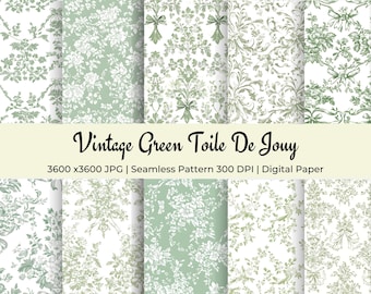 Green Toile De Jouy Seamless Pattern Digital Paper French Vintage Fabric Print Shabby Chic Wallpaper Cottagecore Seamless Background