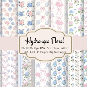 Hydrangea Pattern Watercolor Vintage Floral Digital Paper Seamless Digital Download Shabby Chic Coquette Bow Grandmillenial Printables Craft