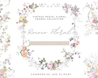 Rococo Floral Line Art Collection Vintage Pastel Flower Frames Coquette Art Handdrawn Botanical PNG Set Romantic Floral Digital Art Download