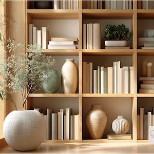 Puede incluir: Una estantería de madera llena de libros, jarrones y plantas. Los estantes están organizados con pilas de libros de varios tamaños y colores. Jarrones decorativos en tonos beige y verde están colocados en los estantes. Un jarrón blanco con textura en forma de globo está en primer plano.
