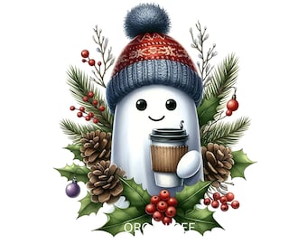 Christmas Ghost Clipart Holiday PNG Cool Winter Ghost with Santa Hat Gingerbread Cocoa and Holly Design for Sublimation Cards Crafts