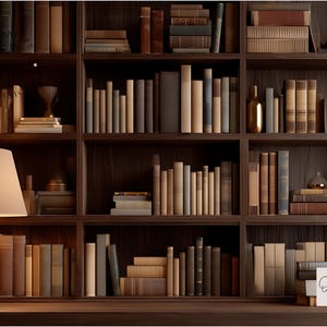 Può includere: Una libreria in legno marrone scuro piena di libri di varie dimensioni e colori. Una lampada dorata con un paralume beige è a sinistra. L'immagine include una piccola carta bianca con il testo "Orga Nicee DIGITAL".