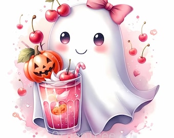 Cherry Pink Coquette Ghost Halloween | 10 sets | High Quality 300 DPI JPEGs | Coquette ghost , Cute Coquette Bow, Spooky Pumpkin, Watercolor